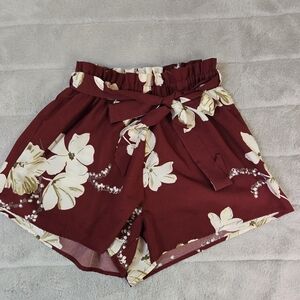 SHEIN Burgundy Floral High Waist Shorts
